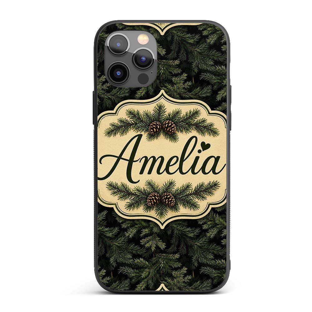 Dark Evergreen Fir Branch Pattern with Dense Custom Name Protective Phone Case Mobile Cover Durable Everyday Smartphone Shock Resistant