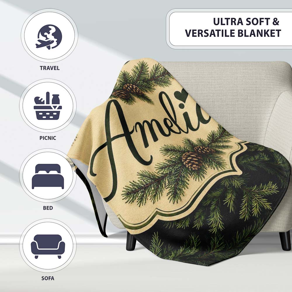 Dark Evergreen Fir Branch Pattern with Dense Foliage on Black Lovely  Personalised Custom Name Super Soft Fleece Blanket Bed Sofa Throw