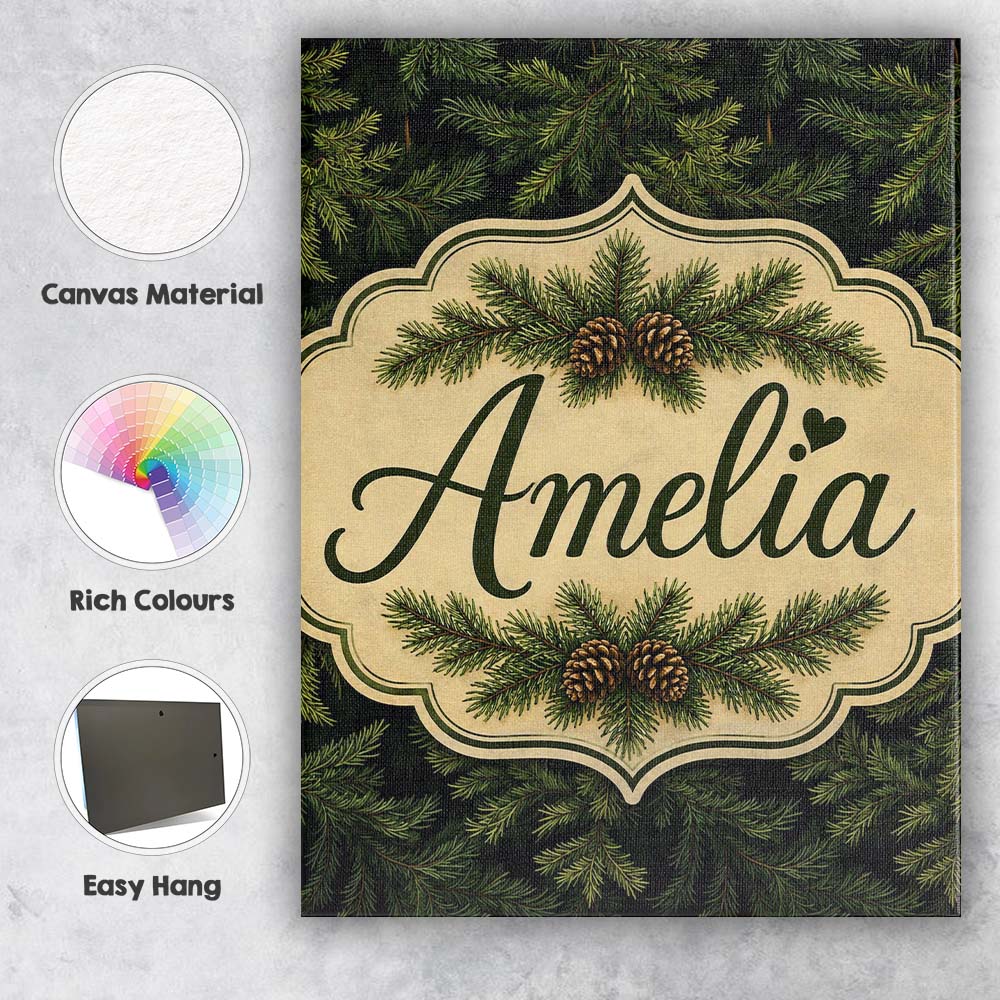 Personalised Name Dark Evergreen Fir Branch Custom  Bespoke Interior Contemporary Canvas Wall Art Print Decor Picture Ready to Hang