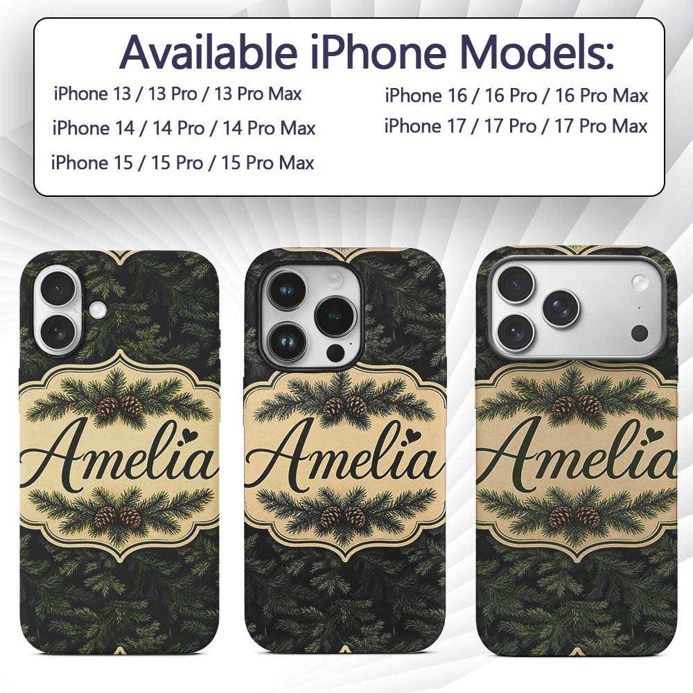 Dark Evergreen Fir Branch Pattern with Dense Custom Name Protective Phone Case Mobile Cover Durable Everyday Smartphone Shock Resistant