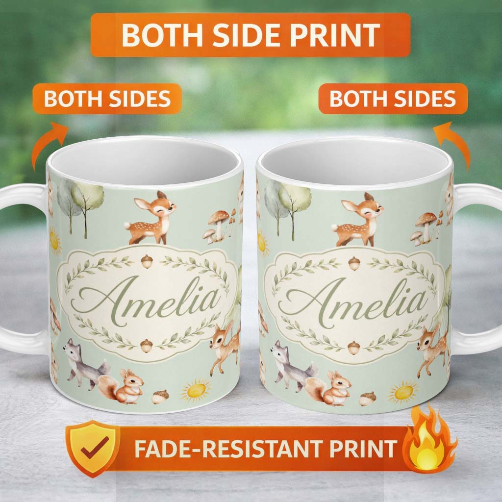 Personalized Custom Name Cute Woodland Deer Fox Mushroom Seamless Pattern on Sage Green 11oz Ceramic Coffee Tea Mug White Large Handle