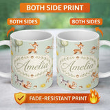 Personalized Custom Name Cute Woodland Deer Fox Mushroom Seamless Pattern on Sage Green 11oz Ceramic Coffee Tea Mug White Large Handle