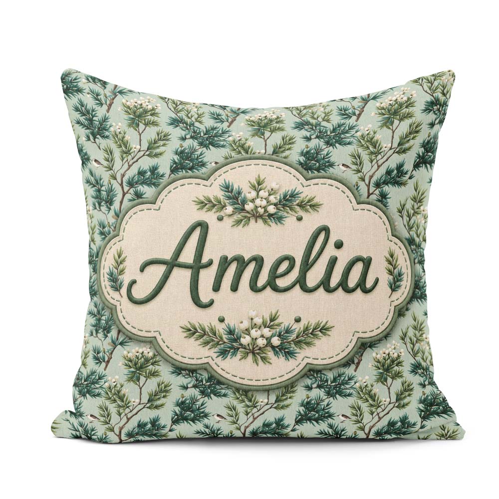 Custom Name Botanical Pine with White Blossoms and Birds on Soft Square Filled Cushion Throw Pillow Sofa Bed Home Decor Zip Washable UK Made