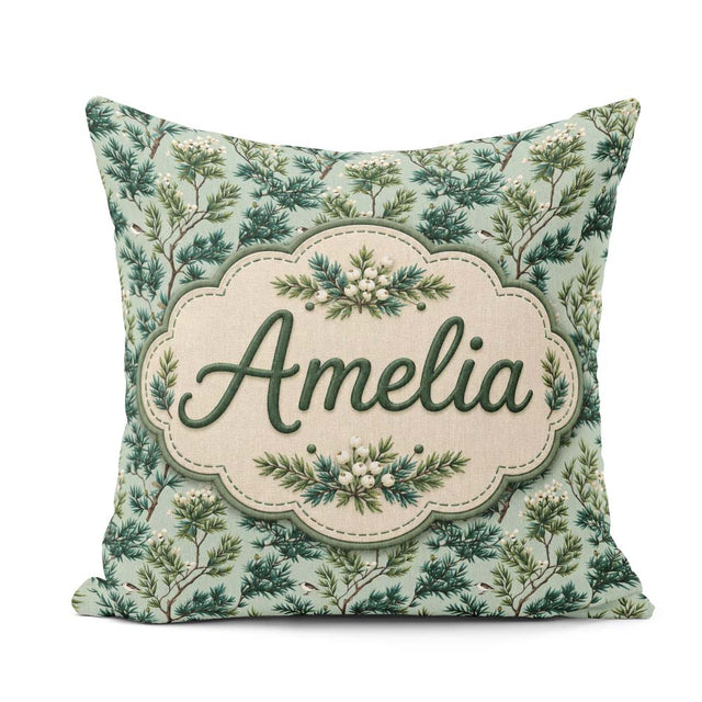Custom Name Botanical Pine with White Blossoms and Birds on Soft Square Filled Cushion Throw Pillow Sofa Bed Home Decor Zip Washable UK Made