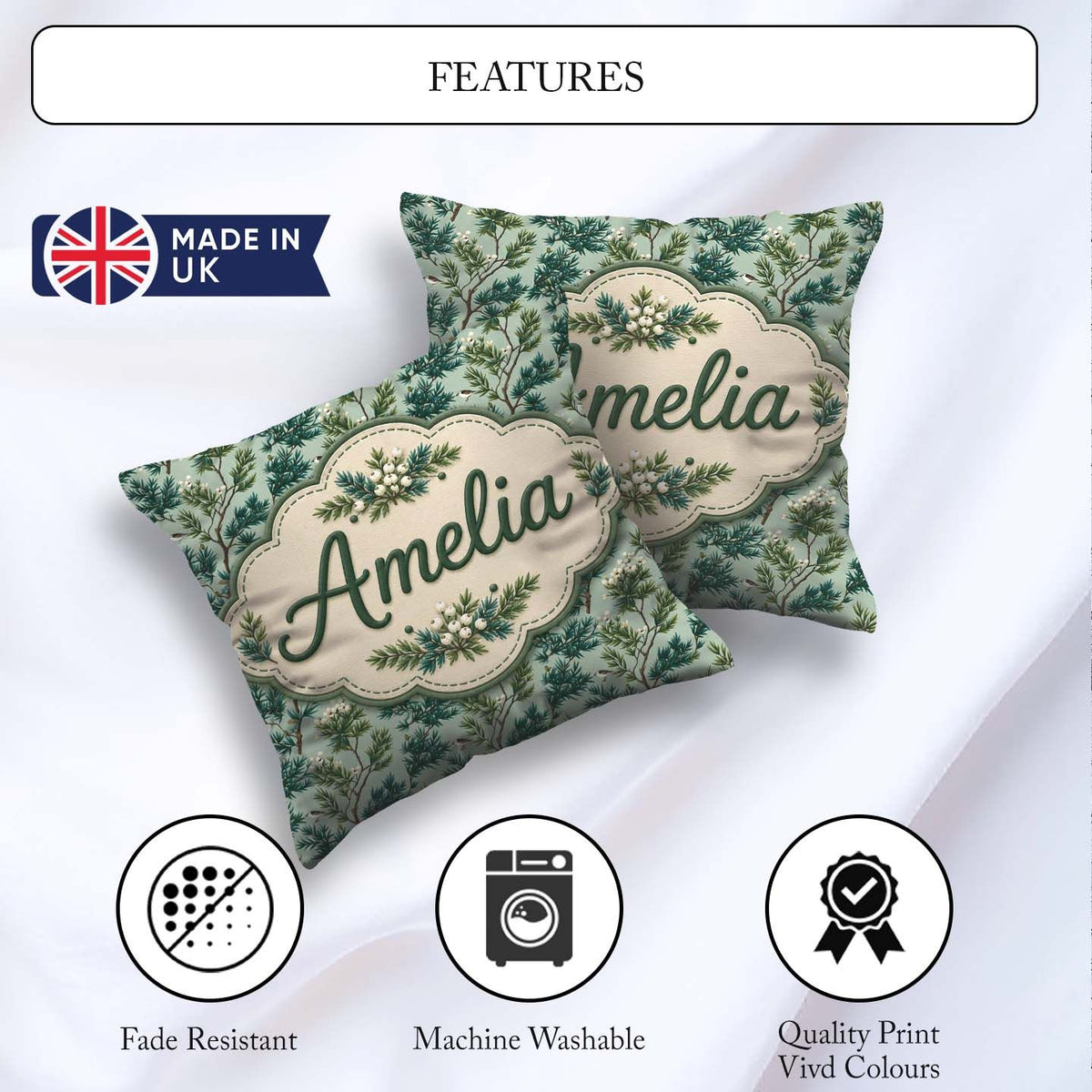 Custom Name Botanical Pine with White Blossoms and Birds on Soft Square Filled Cushion Throw Pillow Sofa Bed Home Decor Zip Washable UK Made