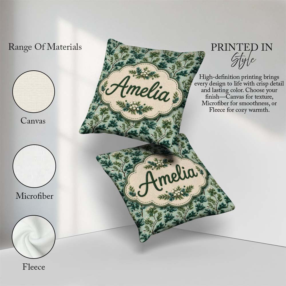 Custom Name Botanical Pine with White Blossoms and Birds on Soft Square Filled Cushion Throw Pillow Sofa Bed Home Decor Zip Washable UK Made