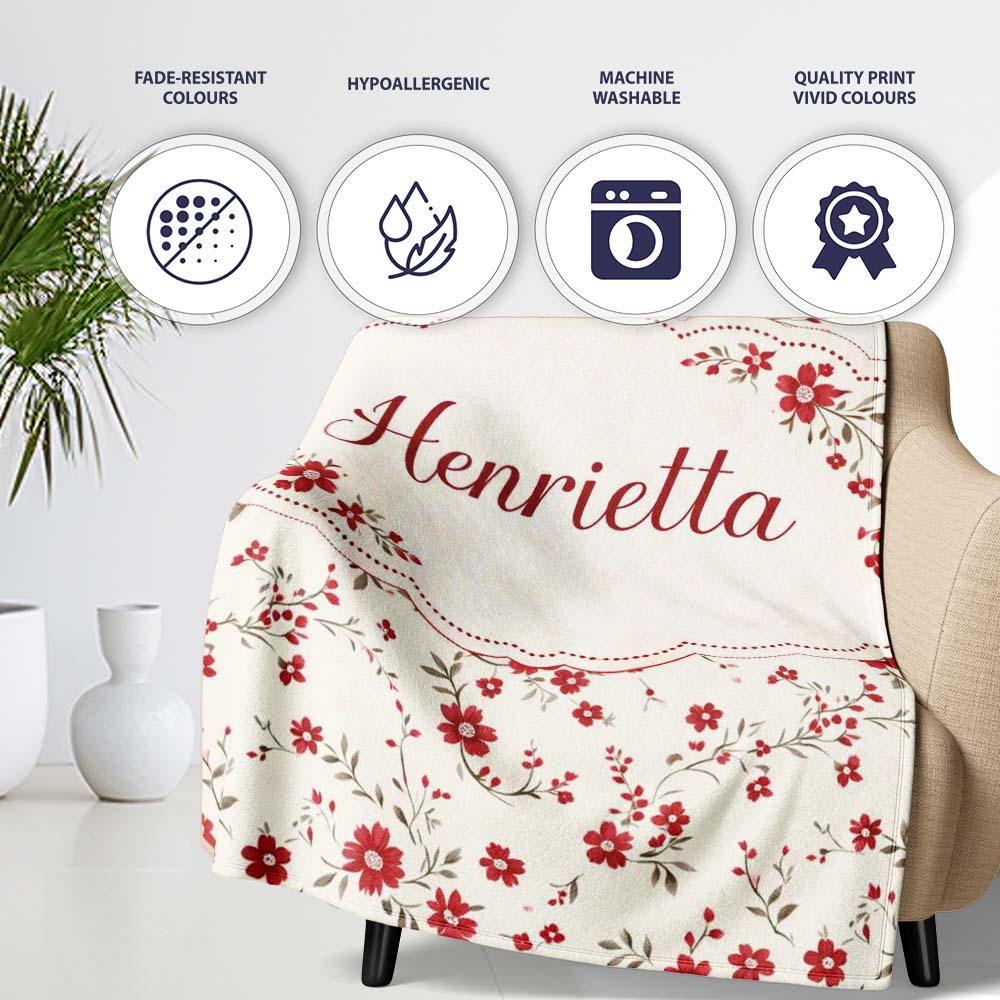 Red Floral Cream Background Seamless Pattern Beautiful Coffee Cup  Personalised Custom Name Super Soft Fleece Blanket Bed Sofa Throw