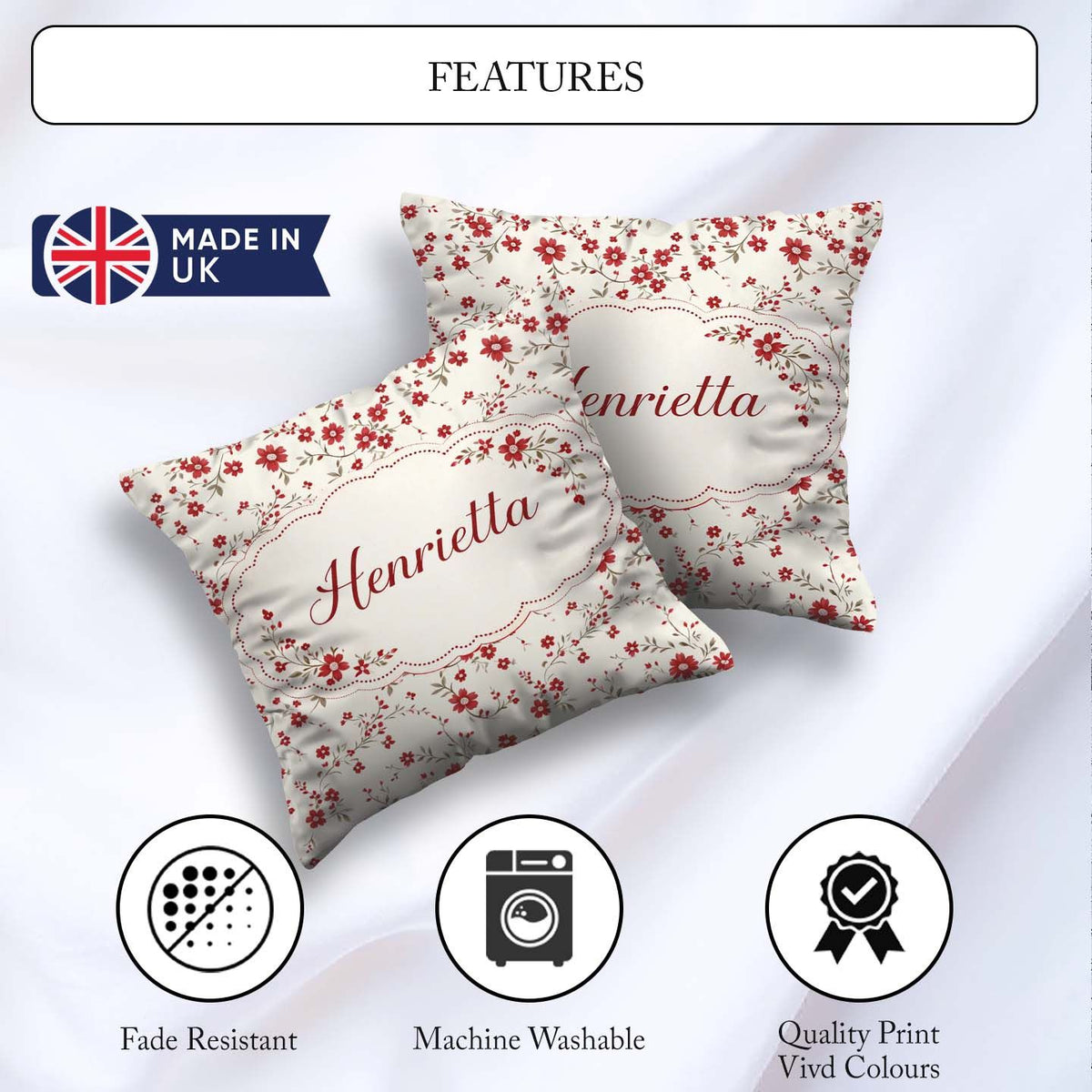 Custom Name Red Floral Cream Background Seamless Pattern Coffee Square Filled Cushion Throw Pillow Sofa Bed Home Decor Zip Washable UK Made