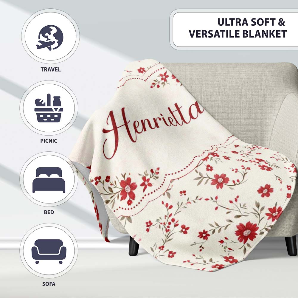 Red Floral Cream Background Seamless Pattern Beautiful Coffee Cup  Personalised Custom Name Super Soft Fleece Blanket Bed Sofa Throw