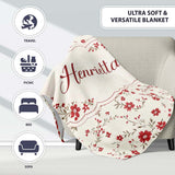 Red Floral Cream Background Seamless Pattern Beautiful Coffee Cup  Personalised Custom Name Super Soft Fleece Blanket Bed Sofa Throw