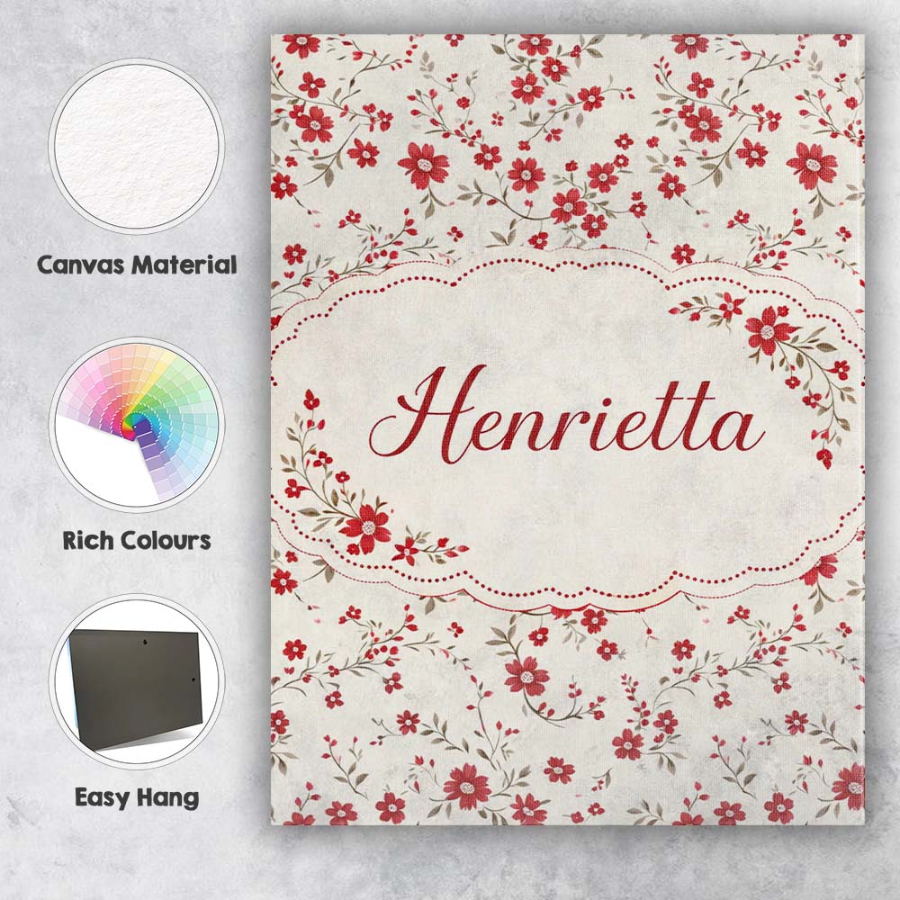 Personalised Name Red Floral Cream Background Seamless Pattern Custom Modern Room Accent Canvas Wall Art Print Decor Picture Ready to Hang