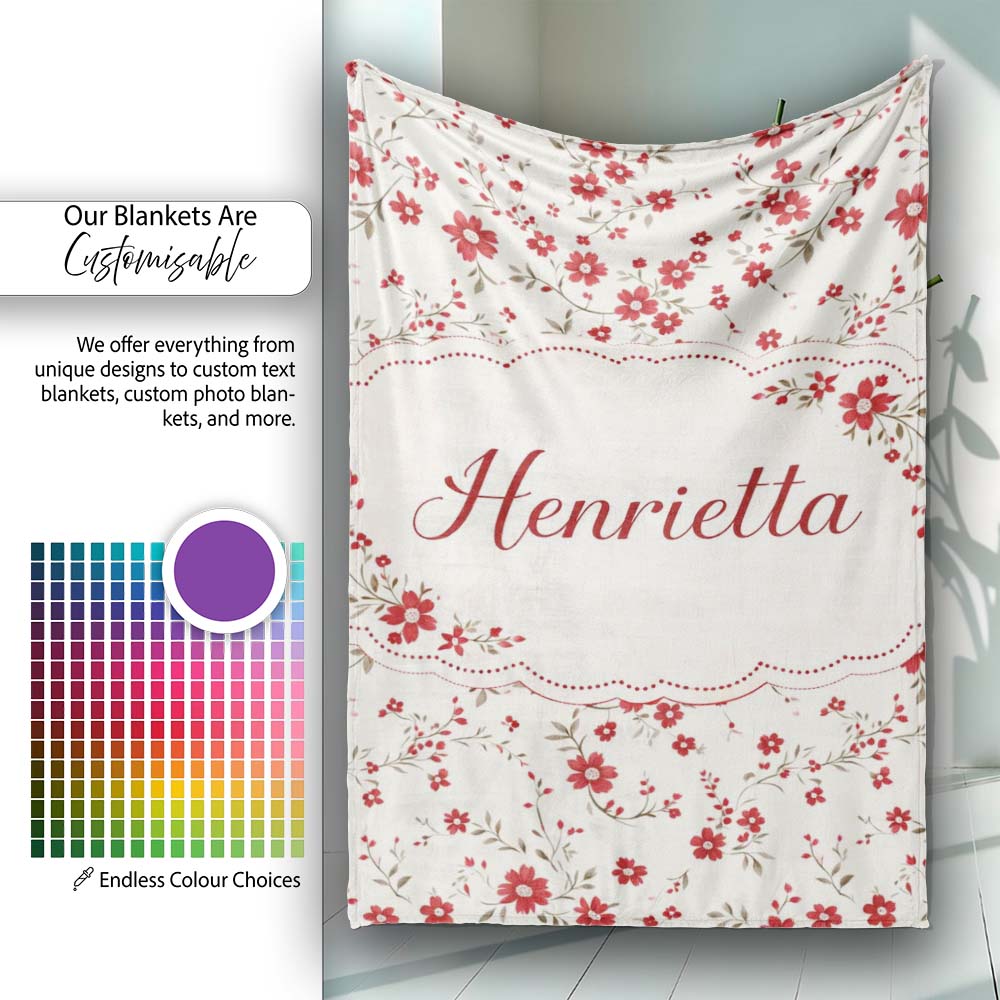 Red Floral Cream Background Seamless Pattern Beautiful Coffee Cup  Personalised Custom Name Super Soft Fleece Blanket Bed Sofa Throw