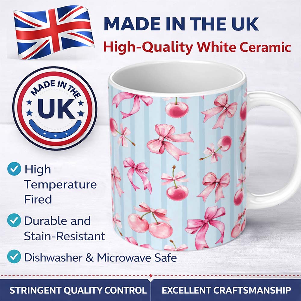 Personalized Custom Name Watercolor Pink Cherry Ribbon Bow Blue Vertical Stripe Background 11oz Ceramic Coffee Tea Mug White Large Handle