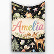 Cute Woodland Animals with Deer Owl Mushrooms and Forest Elements  Personalised Custom Name Super Soft Fleece Blanket Bed Sofa Throw