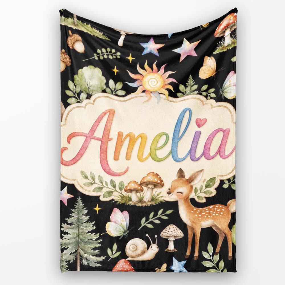 Cute Woodland Animals with Deer Owl Mushrooms and Forest Elements  Personalised Custom Name Super Soft Fleece Blanket Bed Sofa Throw