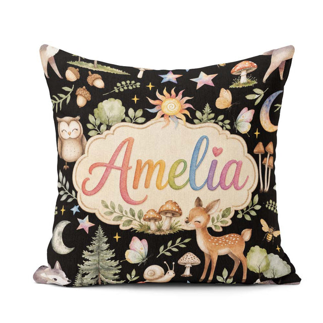 Custom Name Woodland with Deer Owl Mushrooms and Forest Elements Square Filled Cushion Throw Pillow Sofa Bed Home Decor Zip Washable UK Made