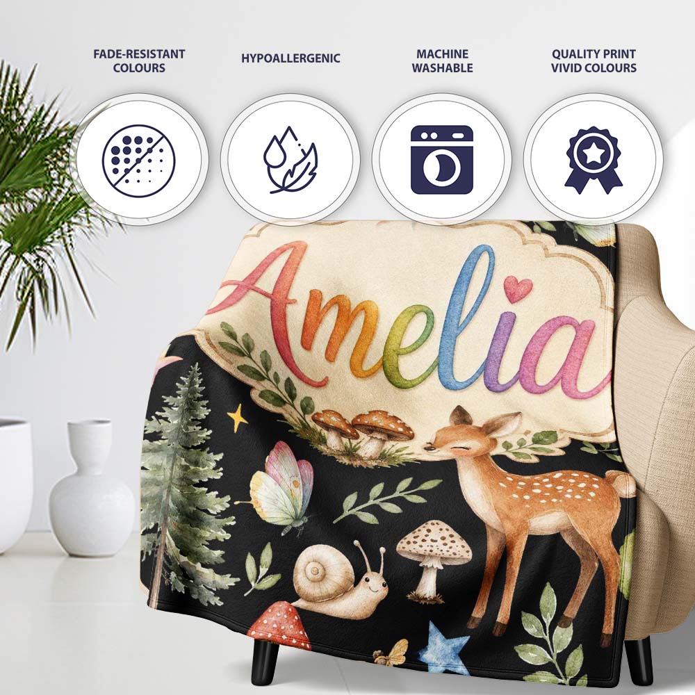Cute Woodland Animals with Deer Owl Mushrooms and Forest Elements  Personalised Custom Name Super Soft Fleece Blanket Bed Sofa Throw