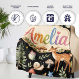 Cute Woodland Animals with Deer Owl Mushrooms and Forest Elements  Personalised Custom Name Super Soft Fleece Blanket Bed Sofa Throw