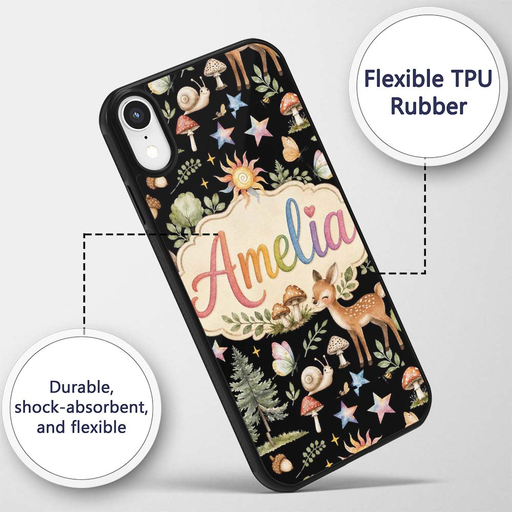 Cute Woodland Animals with Deer Owl Mushrooms and Custom Name Protective Phone Case Mobile Cover Durable Everyday Smartphone Shock Resistant