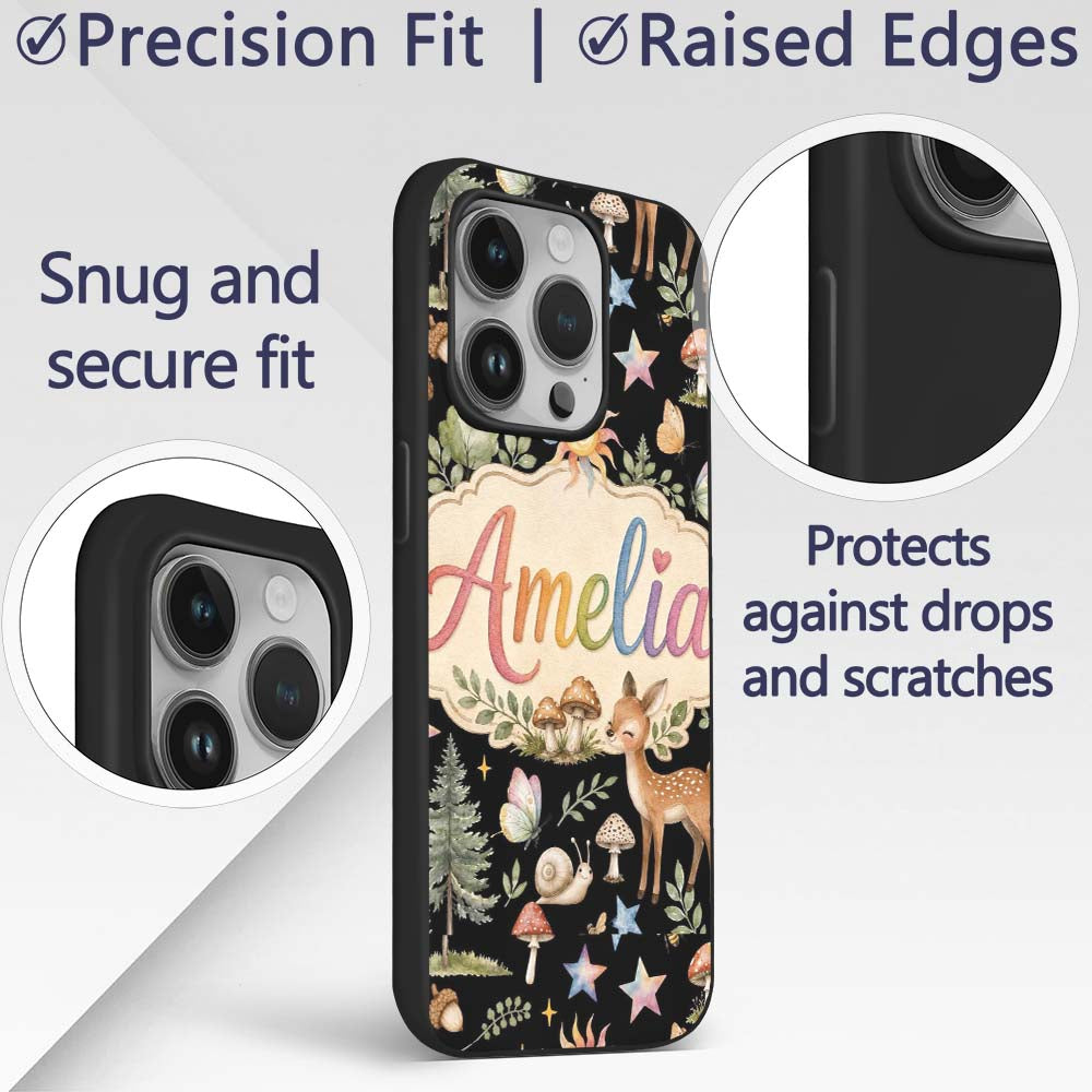Cute Woodland Animals with Deer Owl Mushrooms and Custom Name Protective Phone Case Mobile Cover Durable Everyday Smartphone Shock Resistant