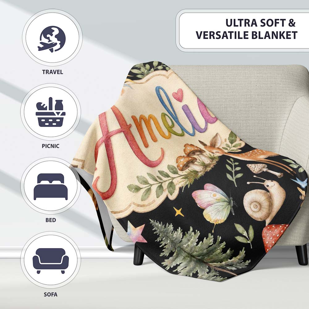 Cute Woodland Animals with Deer Owl Mushrooms and Forest Elements  Personalised Custom Name Super Soft Fleece Blanket Bed Sofa Throw