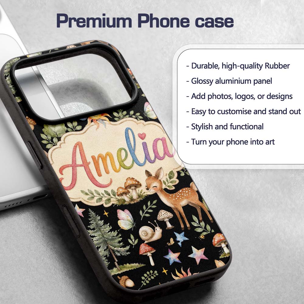 Cute Woodland Animals with Deer Owl Mushrooms and Custom Name Protective Phone Case Mobile Cover Durable Everyday Smartphone Shock Resistant