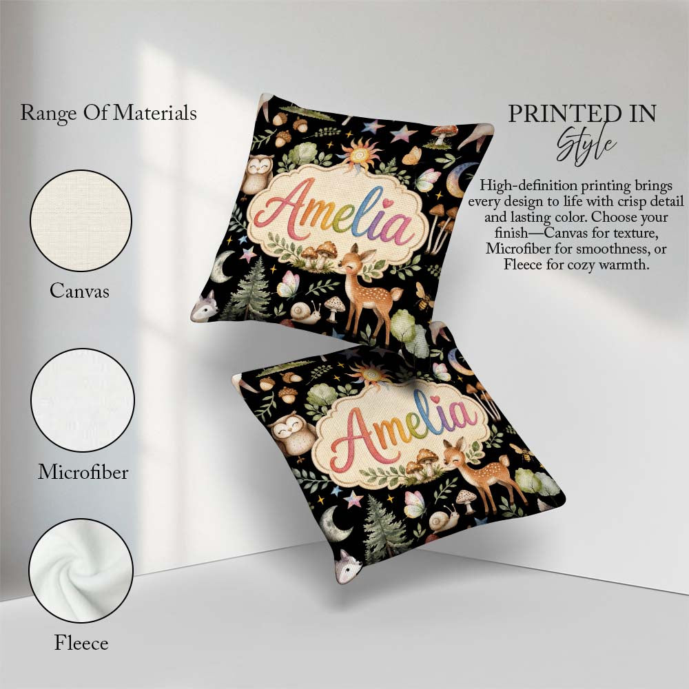 Custom Name Woodland with Deer Owl Mushrooms and Forest Elements Square Filled Cushion Throw Pillow Sofa Bed Home Decor Zip Washable UK Made