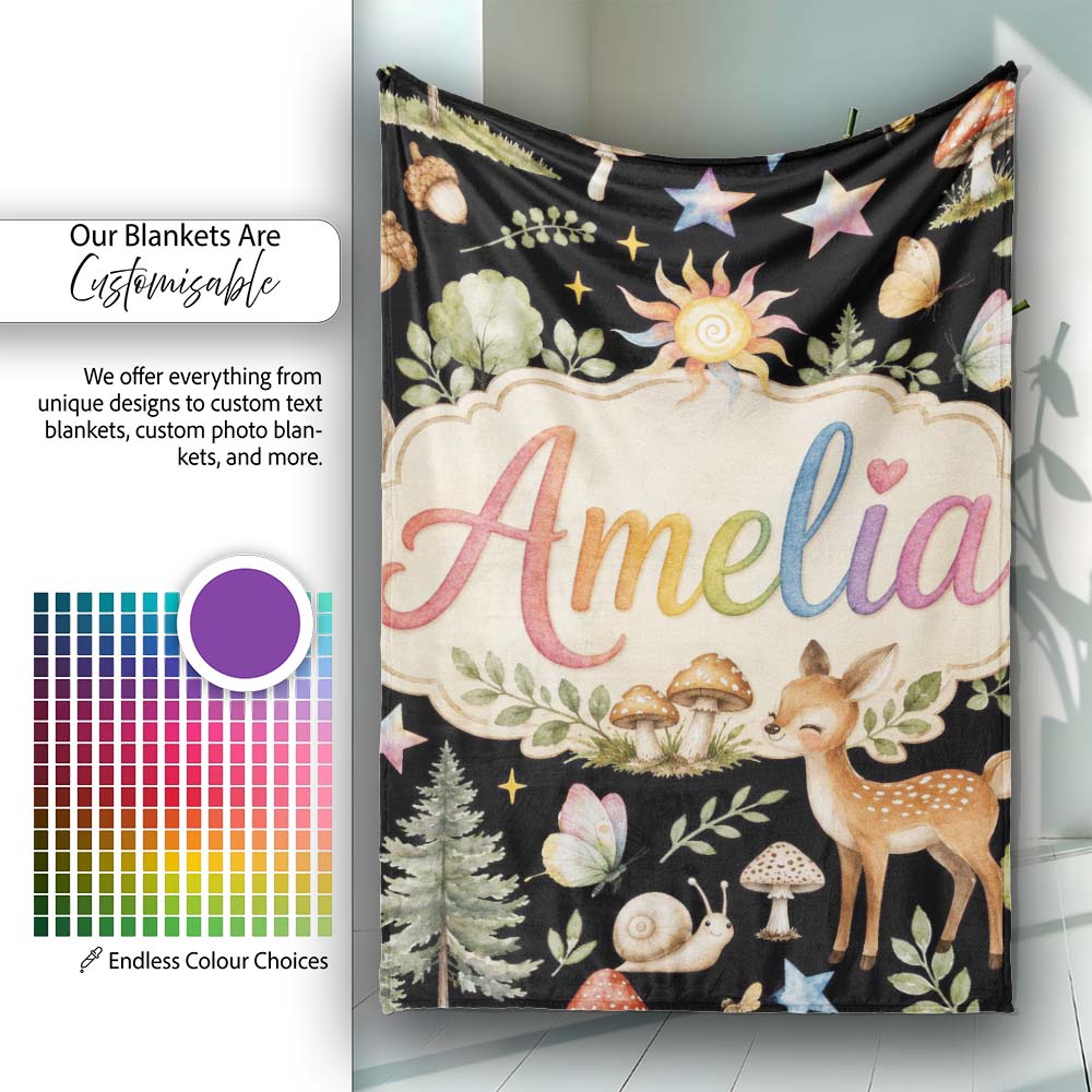 Cute Woodland Animals with Deer Owl Mushrooms and Forest Elements  Personalised Custom Name Super Soft Fleece Blanket Bed Sofa Throw