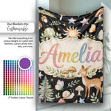 Cute Woodland Animals with Deer Owl Mushrooms and Forest Elements  Personalised Custom Name Super Soft Fleece Blanket Bed Sofa Throw