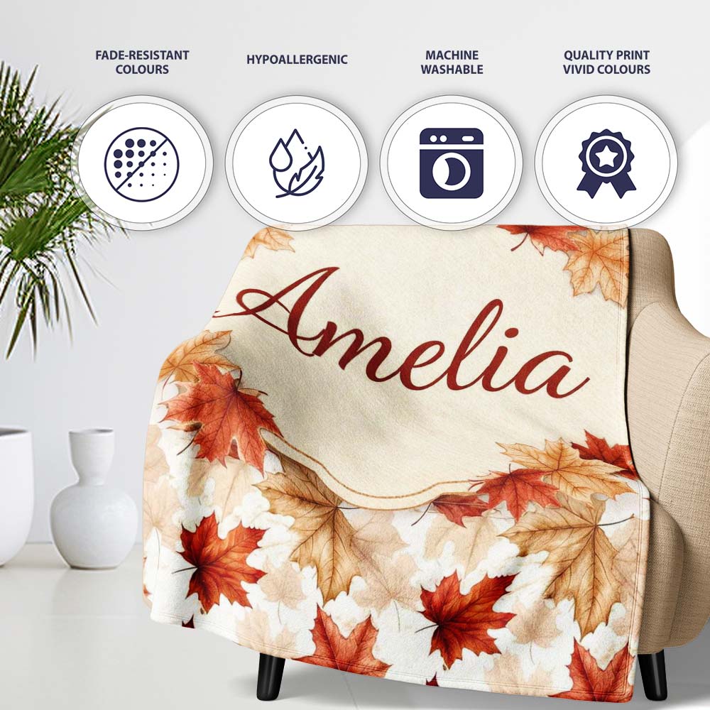 Autumn Maple Leaf Pattern in Warm Red and Beige Tones on Light  Personalised Custom Name Super Soft Fleece Blanket Bed Sofa Throw