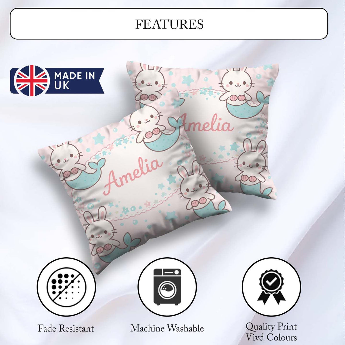 Custom Name Cute Bunny Mermaid Cartoon Animal Pattern Everyday Square Filled Cushion Throw Pillow Sofa Bed Home Decor Zip Washable UK Made