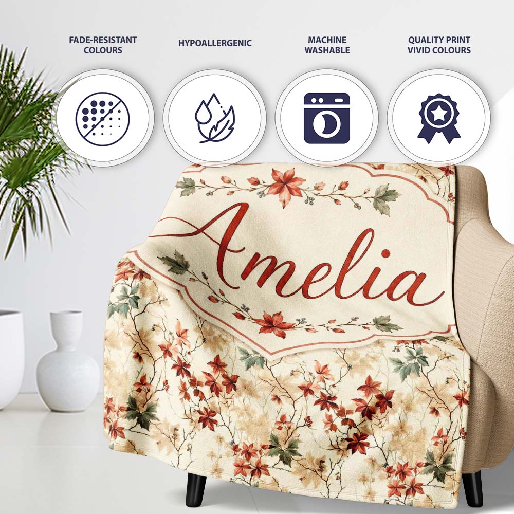 Vintage Floral Branch Pattern with Red Leaves on Neutral Background  Personalised Custom Name Super Soft Fleece Blanket Bed Sofa Throw