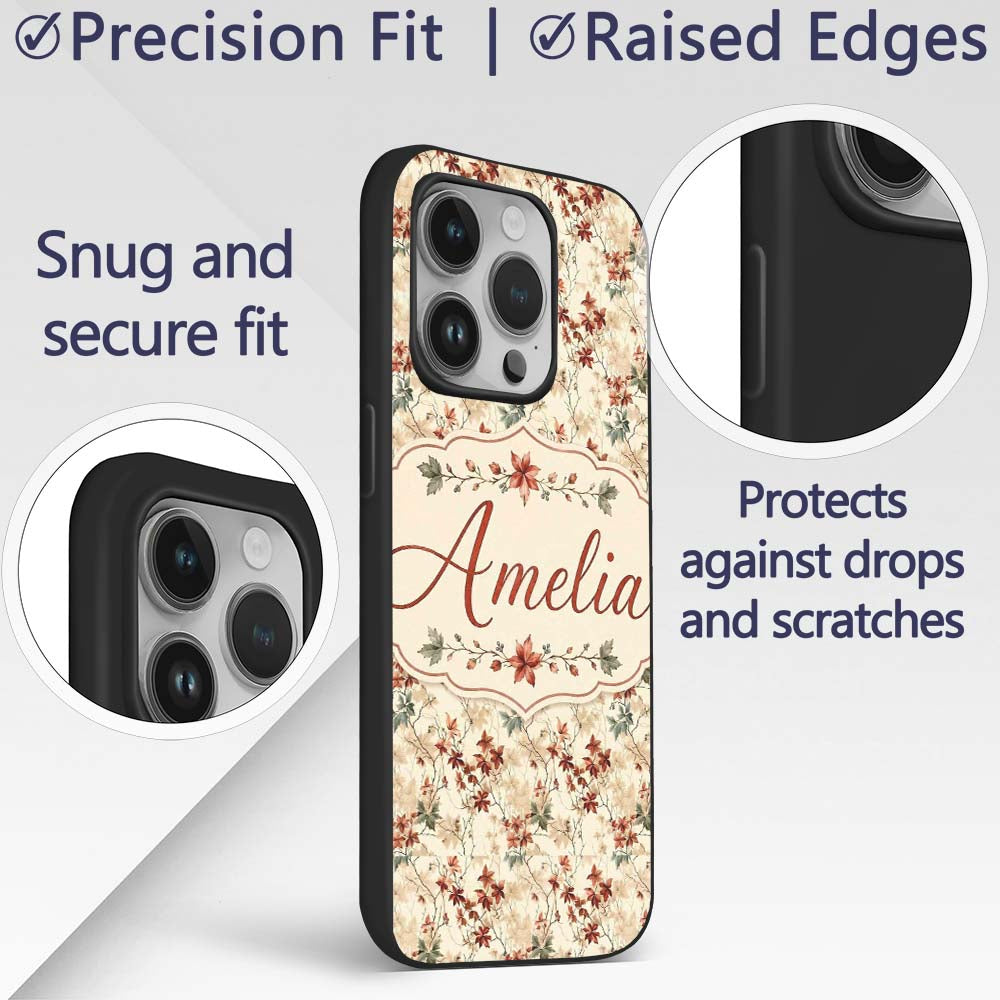 Vintage Floral Branch Pattern with Red Leaves on Custom Name Protective Phone Case Mobile Cover Durable Everyday Smartphone Shock Resistant