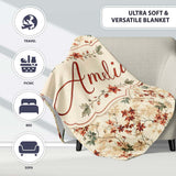 Vintage Floral Branch Pattern with Red Leaves on Neutral Background  Personalised Custom Name Super Soft Fleece Blanket Bed Sofa Throw