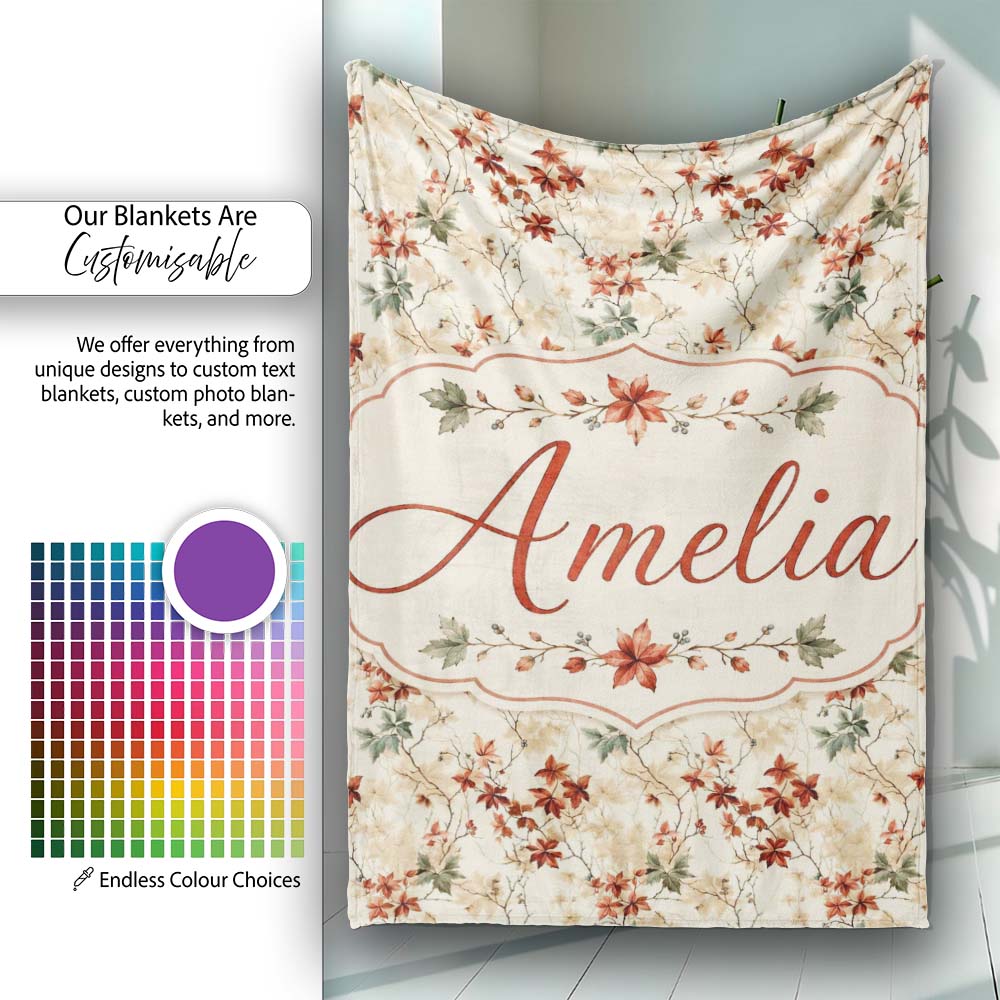 Vintage Floral Branch Pattern with Red Leaves on Neutral Background  Personalised Custom Name Super Soft Fleece Blanket Bed Sofa Throw