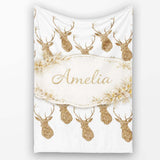 Gold Glitter Deer Seamless Pattern Thoughtful Gift Idea Lovely  Personalised Custom Name Super Soft Fleece Blanket Bed Sofa Throw