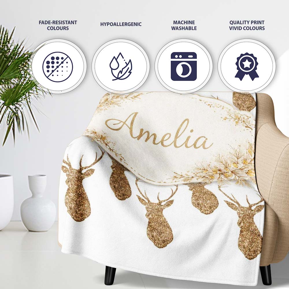 Gold Glitter Deer Seamless Pattern Thoughtful Gift Idea Lovely  Personalised Custom Name Super Soft Fleece Blanket Bed Sofa Throw