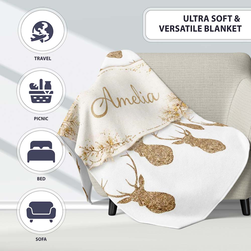 Gold Glitter Deer Seamless Pattern Thoughtful Gift Idea Lovely  Personalised Custom Name Super Soft Fleece Blanket Bed Sofa Throw