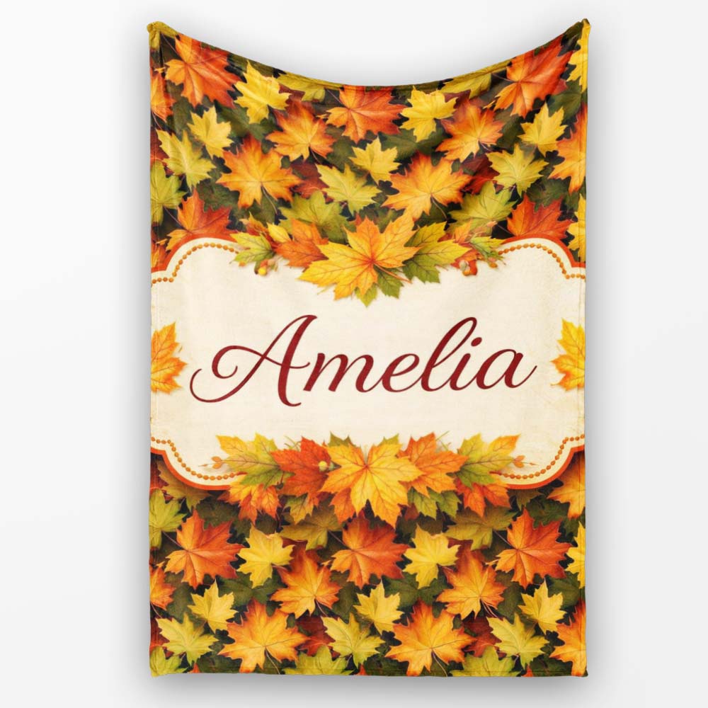 Vibrant Autumn Leaf Pattern with Mixed Maple Leaves on Dark Lovely  Personalised Custom Name Super Soft Fleece Blanket Bed Sofa Throw