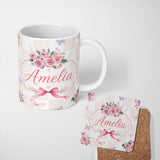 Personalized Custom Name Elegant Watercolor Rose Bouquet Ribbon Butterfly Pastel Check Lovely 11oz Ceramic Coffee Tea Mug White Large Handle
