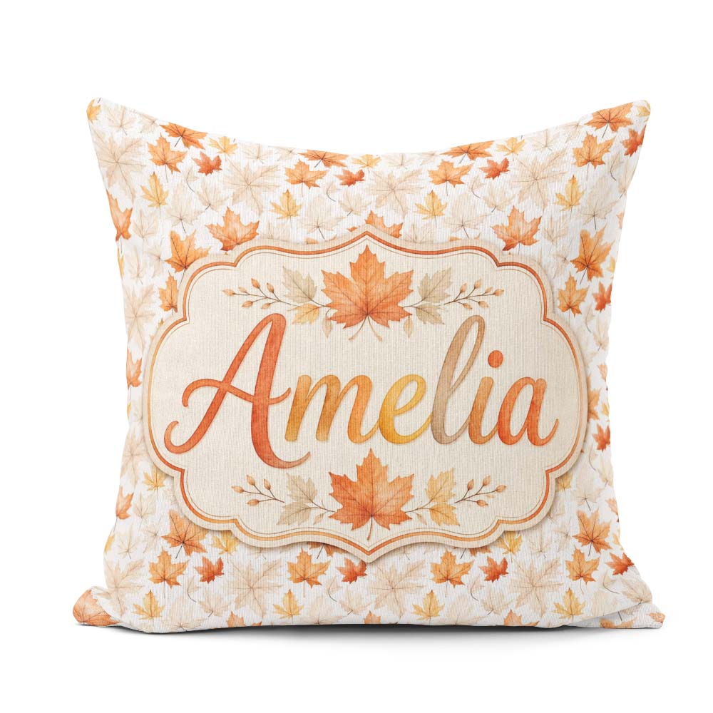 Custom Name Soft Maple Leaves in Beige and Warm Orange on Light Square Filled Cushion Throw Pillow Sofa Bed Home Decor Zip Washable UK Made