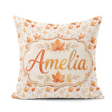 Custom Name Soft Maple Leaves in Beige and Warm Orange on Light Square Filled Cushion Throw Pillow Sofa Bed Home Decor Zip Washable UK Made