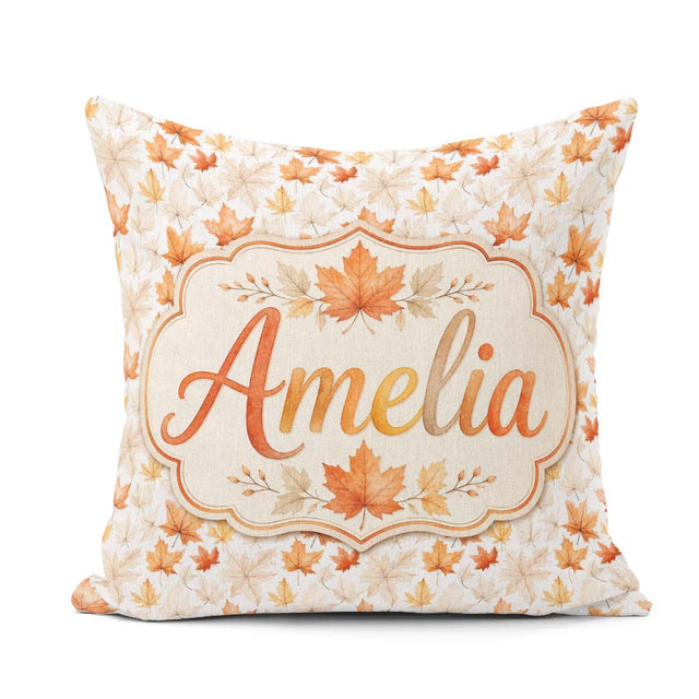 Custom Name Soft Maple Leaves in Beige and Warm Orange on Light Square Filled Cushion Throw Pillow Sofa Bed Home Decor Zip Washable UK Made