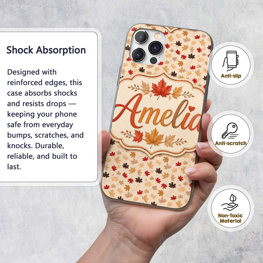 Autumn Maple Leaves in Red Brown and Beige Tones Custom Name Protective Phone Case Mobile Cover Durable Everyday Smartphone Shock Resistant