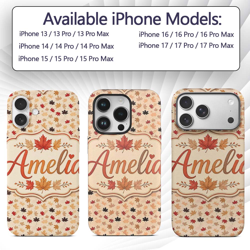 Autumn Maple Leaves in Red Brown and Beige Tones Custom Name Protective Phone Case Mobile Cover Durable Everyday Smartphone Shock Resistant