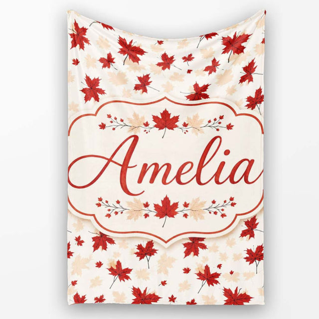 Bold Red Maple Leaves with Subtle Beige Leaf Shadows on Light Lovely  Personalised Custom Name Super Soft Fleece Blanket Bed Sofa Throw