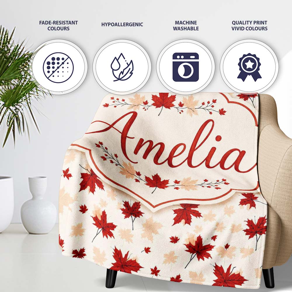Bold Red Maple Leaves with Subtle Beige Leaf Shadows on Light Lovely  Personalised Custom Name Super Soft Fleece Blanket Bed Sofa Throw