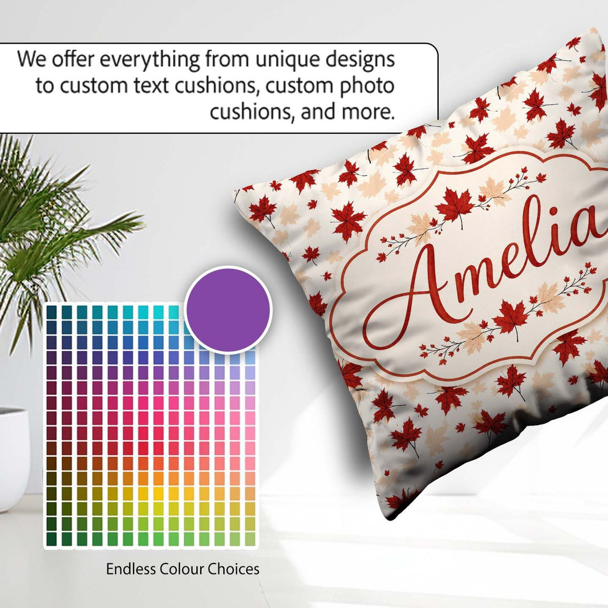 Custom Name Bold Red Maple Leaves with Subtle Beige Leaf Shadows Square Filled Cushion Throw Pillow Sofa Bed Home Decor Zip Washable UK Made