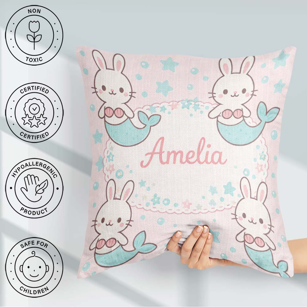 Custom Name Cute Bunny Mermaid Cartoon Animal Pattern Everyday Square Filled Cushion Throw Pillow Sofa Bed Home Decor Zip Washable UK Made