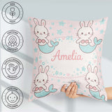 Custom Name Cute Bunny Mermaid Cartoon Animal Pattern Everyday Square Filled Cushion Throw Pillow Sofa Bed Home Decor Zip Washable UK Made